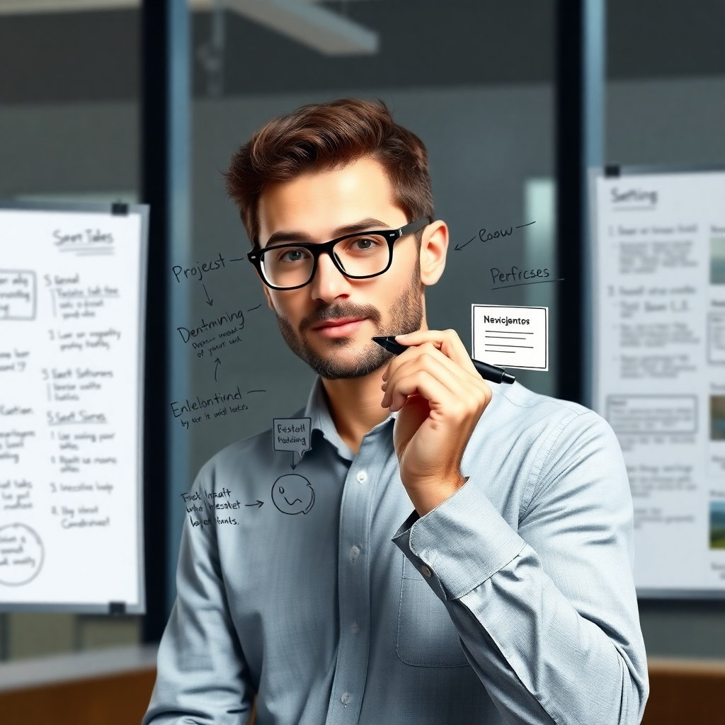 A person practicing a breathing exercise while sitting at their desk in a modern office. The person is relaxed and focused. The lighting is natural, and the environment is clean and organized. Style: Modern office stock photo.