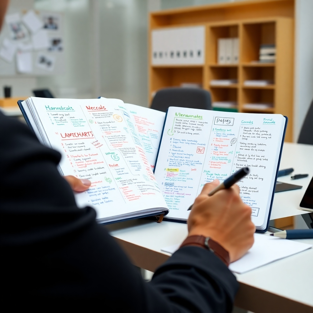 Generate a photorealistic image of a person taking notes using sketchnoting. Focus on the speed and efficiency of the process, with the image showing multiple pages filled with colorful sketches and keywords. Emphasize the clarity and organization of the notes.  The image should feature a minimalist, organized background, and use bright lighting to enhance readability.  The style should emulate a professional office setting, with a person actively working on a project. Props include a sketchbook, pens, and digital devices.  The resolution should be 4K, with a slightly elevated camera angle and shallow depth of field to highlight the notes.