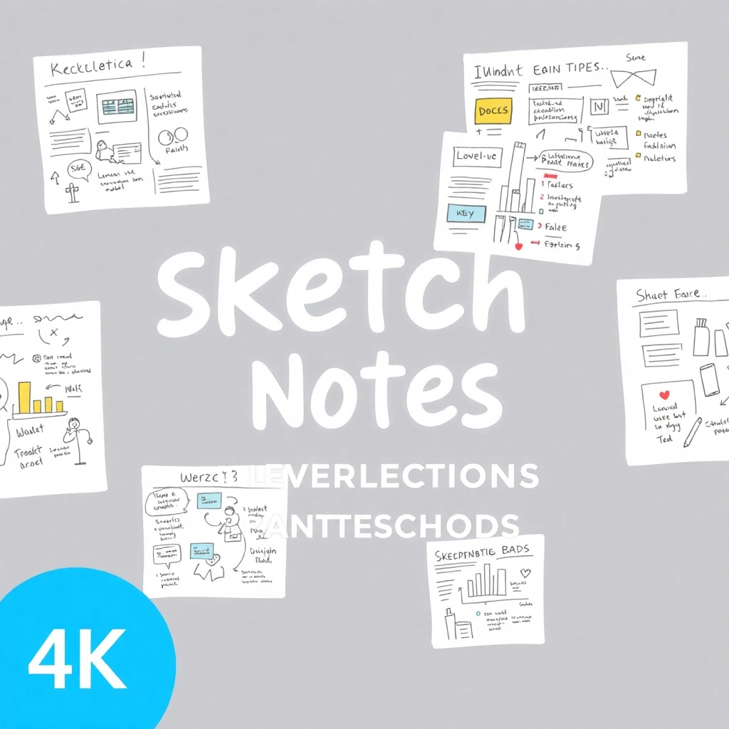 Generate a stylized image showcasing examples of high-quality sketchnote visualizations, highlighting creativity and professionalism. The image should present several polished and visually appealing sketchnotes, demonstrating the versatility of the technique in various applications. The resolution should be 4K.