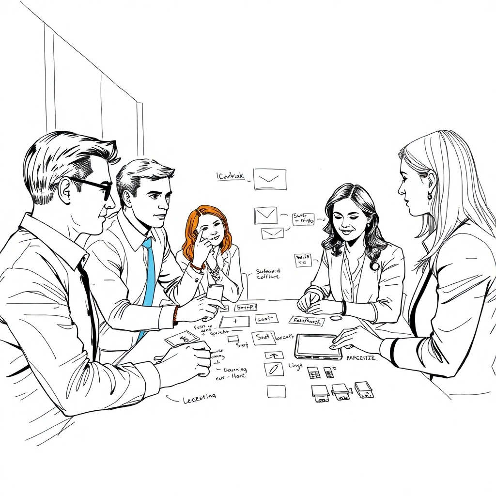 Generate an image illustrating how sketchnoting is used in a business setting. Show a group of professionals working together, using sketchnotes to brainstorm and collaborate. The image should convey professionalism and efficiency.  The image should have a modern, clean style, possibly inspired by office environment photography.  The resolution should be 4K.