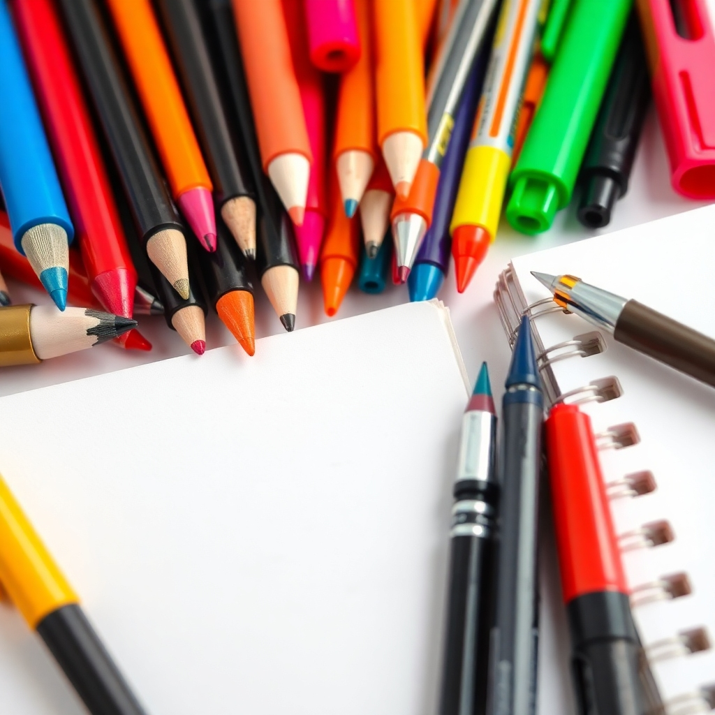 Generate an image showcasing a variety of tools used for sketchnoting, such as pens, markers, and sketchbooks. Use a bright, colorful style to reflect the creative and dynamic aspect of sketchnoting. The image should highlight the versatility and range of materials available for creating visual notes.  The composition should be close-up, highlighting the texture and details of each item. The resolution should be 4K.