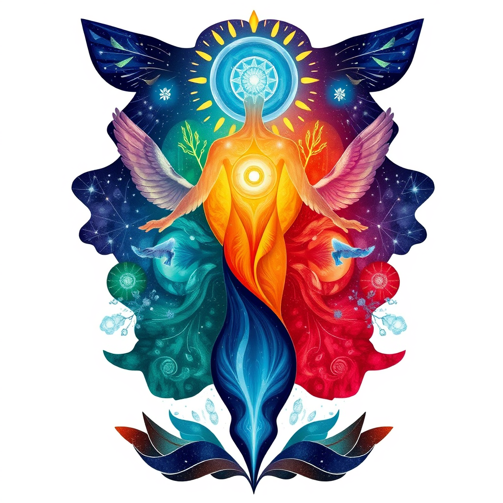 Image combining elements representing the body, mind, and spirit, intertwined together. Use a harmonious color palette and a balanced composition.