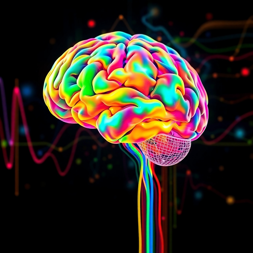 Image depicting brain activity represented by colorful abstract shapes and lines. High contrast, vibrant colors, and dynamic composition. 4K resolution. Style references: abstract art, data visualization