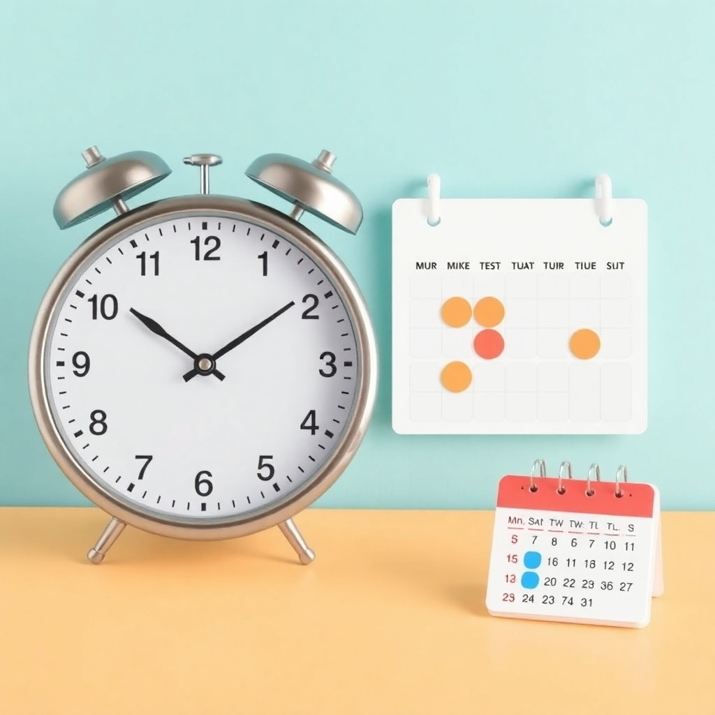 Image of a modern clock and a calendar, highlighting the best times for course participation. Make it visually appealing, and create a color palette that conveys professionalism and efficiency.