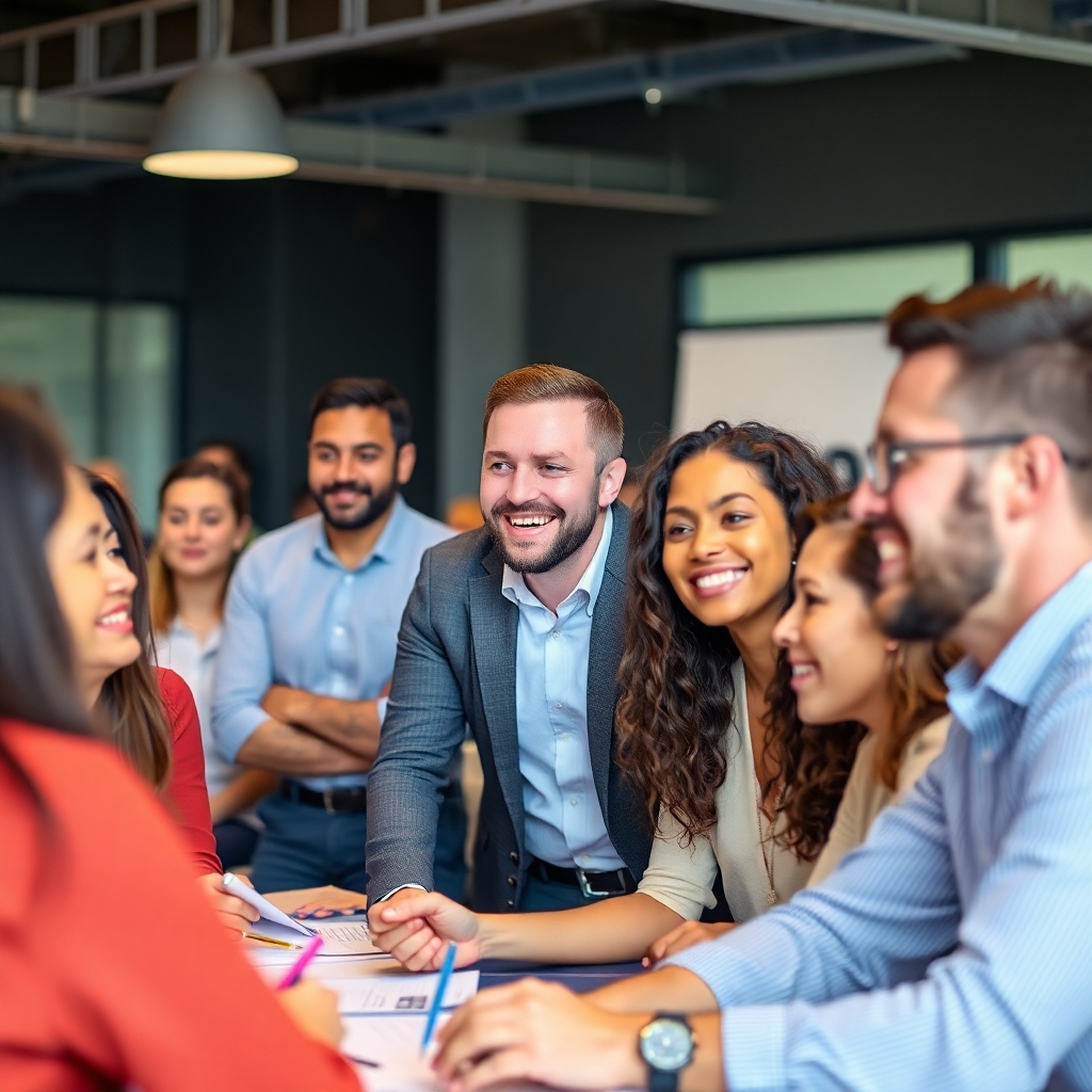 Image of diverse group of people actively participating in a workshop, looking engaged, showcasing positive learning environment. The image should suggest collaboration, professional development and knowledge sharing.