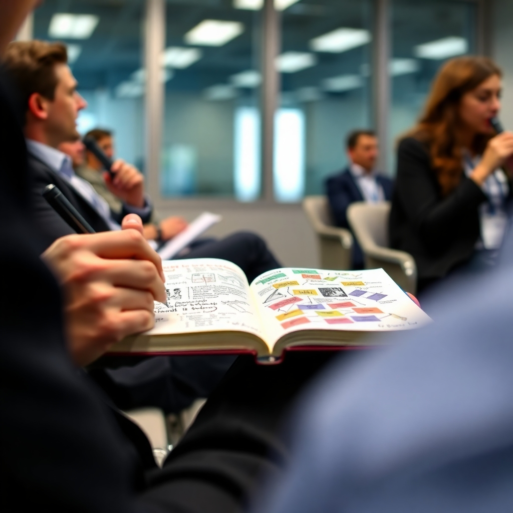 Photorealistic image, 4K resolution, of a person taking notes during a presentation. The focus is on the person’s notebook, which is filled with vibrant sketchnotes. These sketchnotes should illustrate key concepts and insights from the presentation, demonstrating clarity and efficiency. Style references: candid photography, office environment.