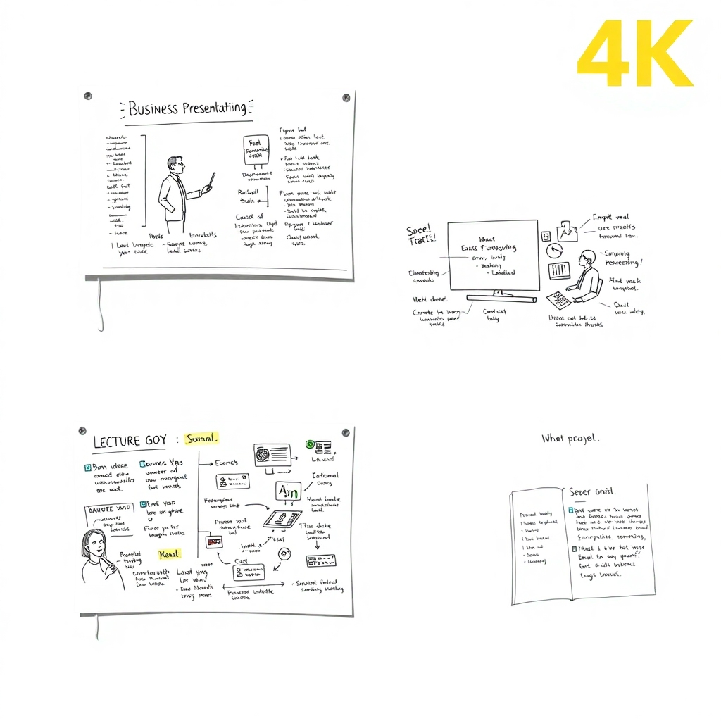 Photorealistic image, 4K resolution, showcasing a variety of sketchnotes for different purposes – a business presentation, a lecture, a personal journal entry. Highlighting the versatility of the service.