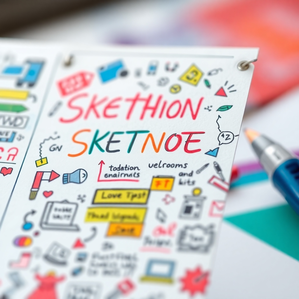 Photorealistic image, 4K resolution, of a close-up on a colorful sketchnote. The sketchnote should be rich in visual elements, including icons, handwritten text, and arrows, making it highly engaging and visually appealing. The background should be softly blurred to focus attention on the sketchnote itself. Style references: macro photography, product photography.