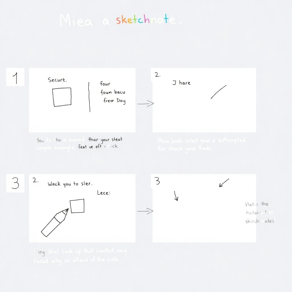 Photorealistic image, 4K resolution, of a step-by-step process of creating a simple sketchnote, including clear instructions and annotations. Style references: educational materials photography, clear visual step-by-step guides.