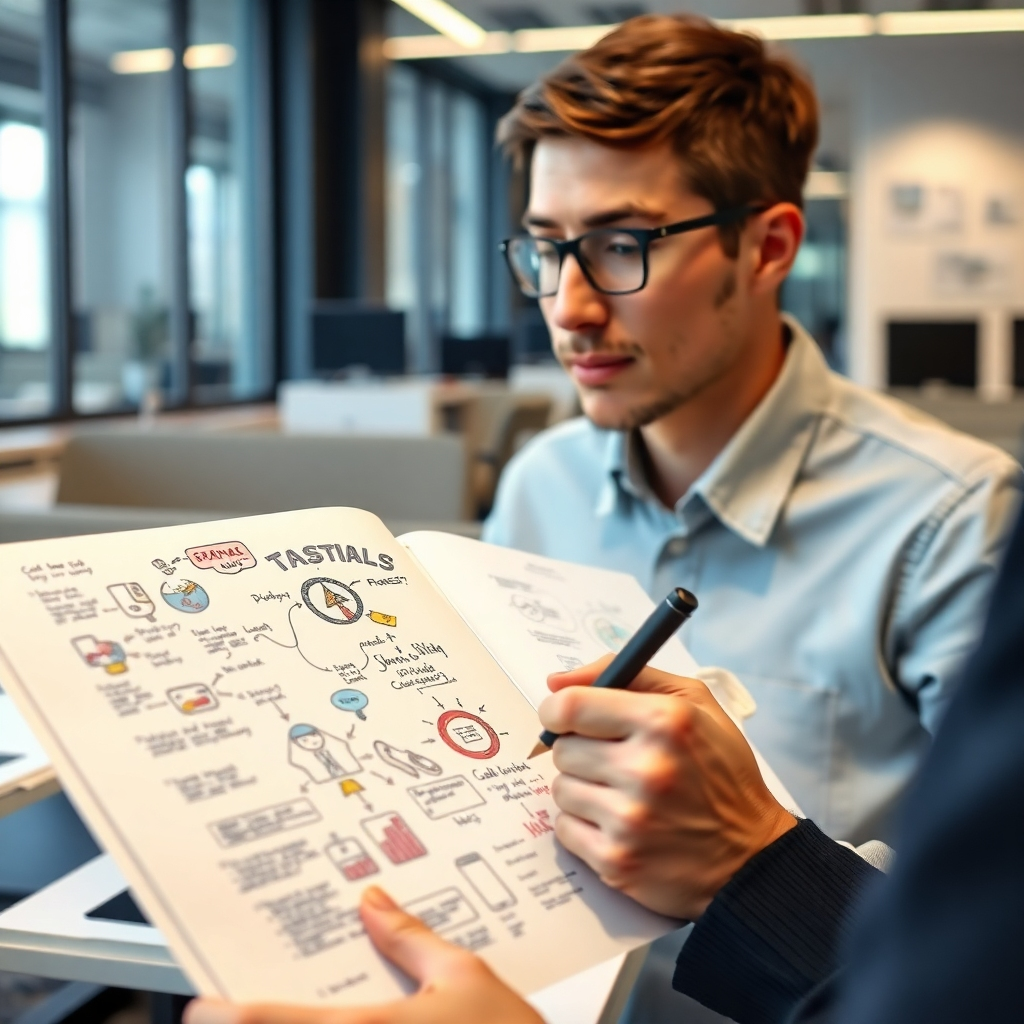 Photorealistic image, 4K resolution, showing a person brainstorming using sketchnotes. The scene should show a variety of ideas, connections, and colorful visuals on the page. Style references: candid photography, office environment.