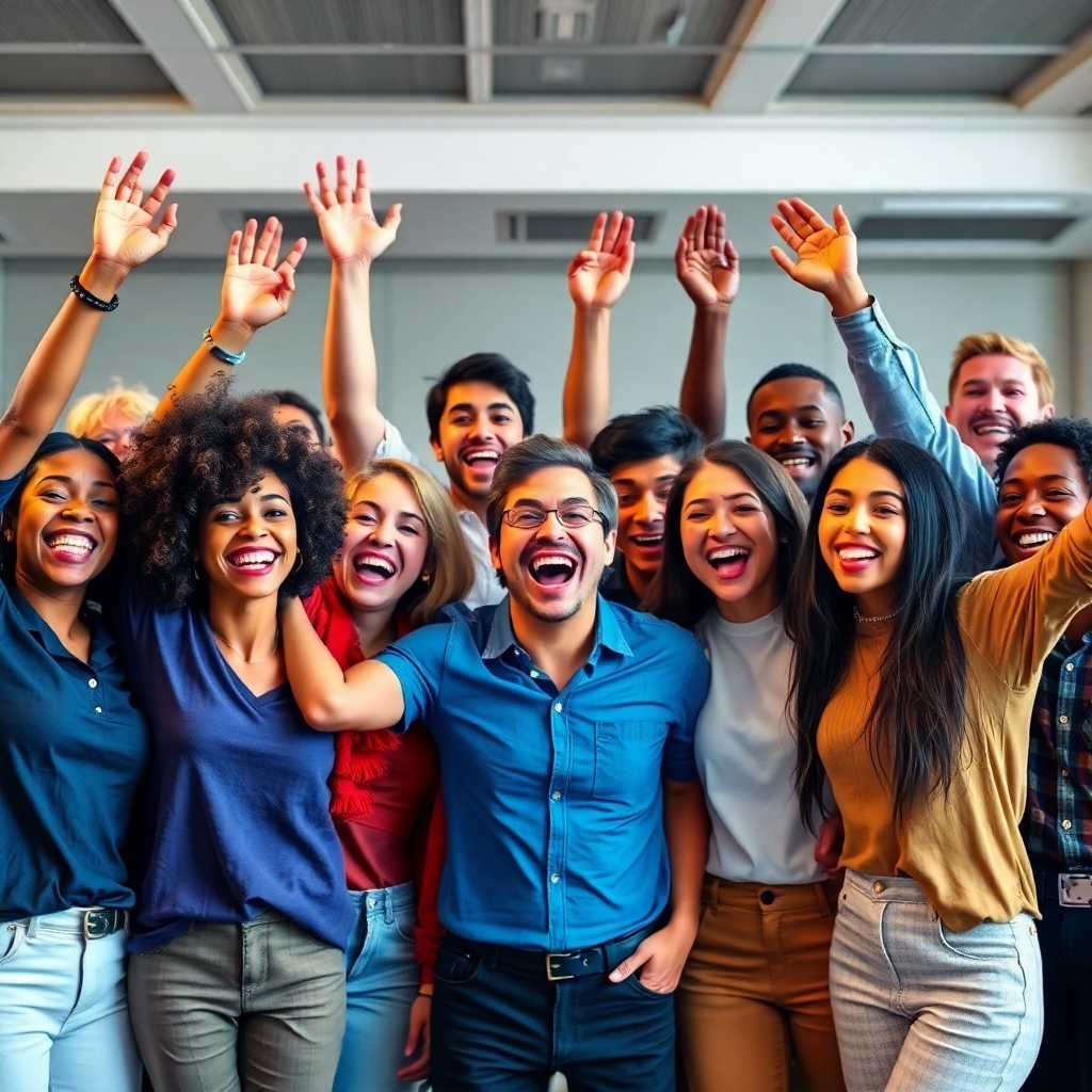 Photorealistic image of a diverse group of people celebrating their success together. Vibrant color palette, happy expressions. 4K resolution. Style references: stock photography