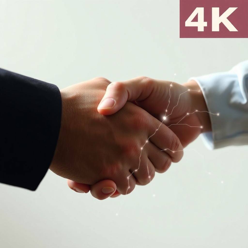 Photorealistic image of a handshake between two people, with a subtle overlay of glowing neural pathways connecting their hands. Soft, natural lighting, neutral color palette. High-quality 4K resolution. Style references: photojournalism