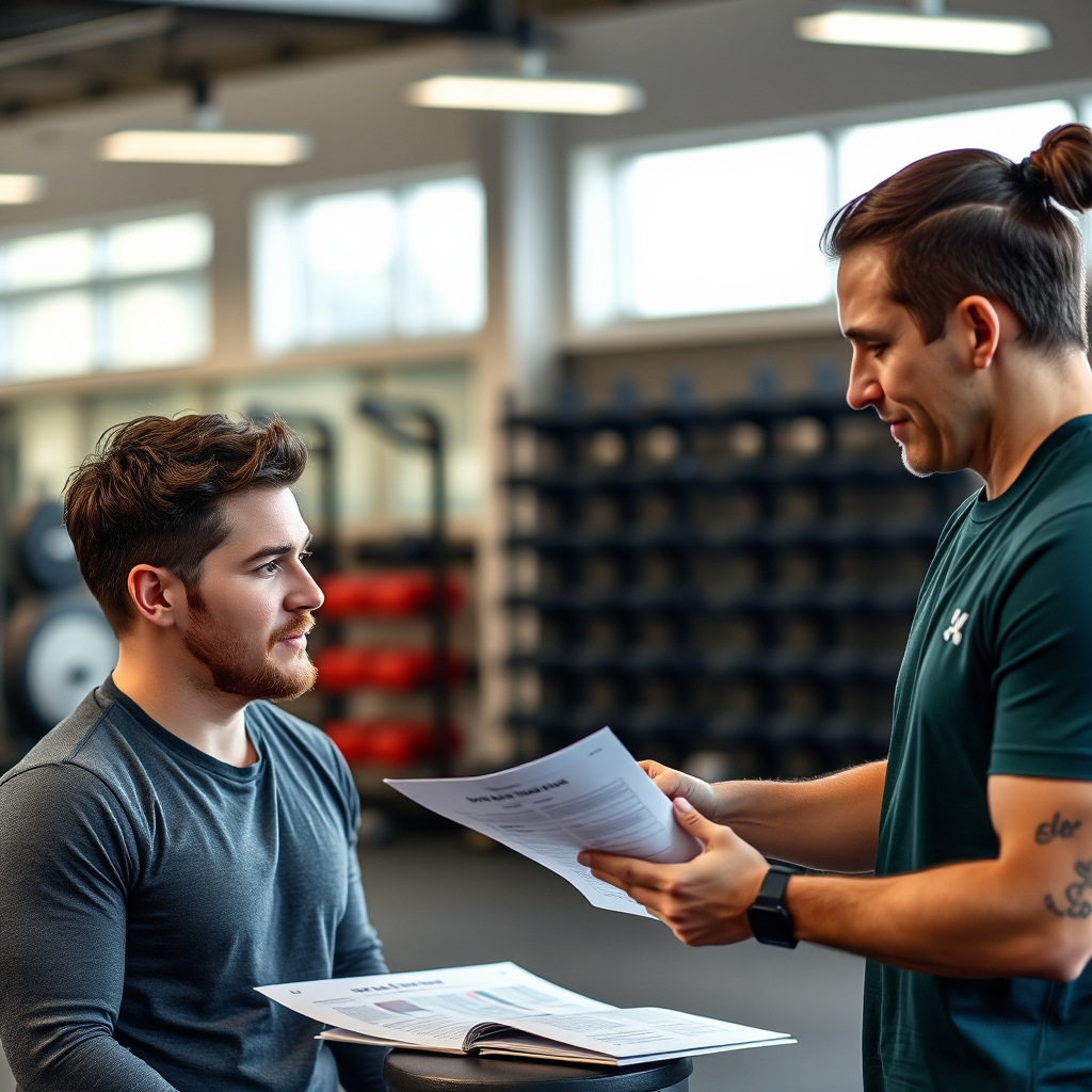 Photorealistic image of a person receiving personalized guidance from a trainer, looking at a customized training plan. Focus on the individual attention and tailored approach.
