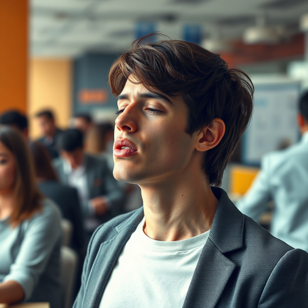 Photorealistic image of a person taking a deep breath in a stressful situation, such as a busy office. The person is calm and focused, demonstrating the power of breathwork in everyday life.