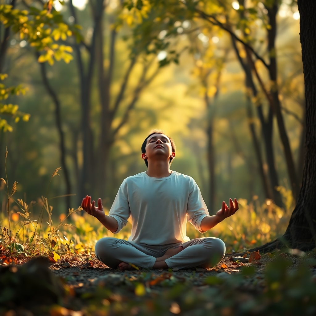 Photorealistic image of a person meditating peacefully amidst nature. Soft, natural lighting and warm color palette. High-quality 4K resolution. Style references: nature photography