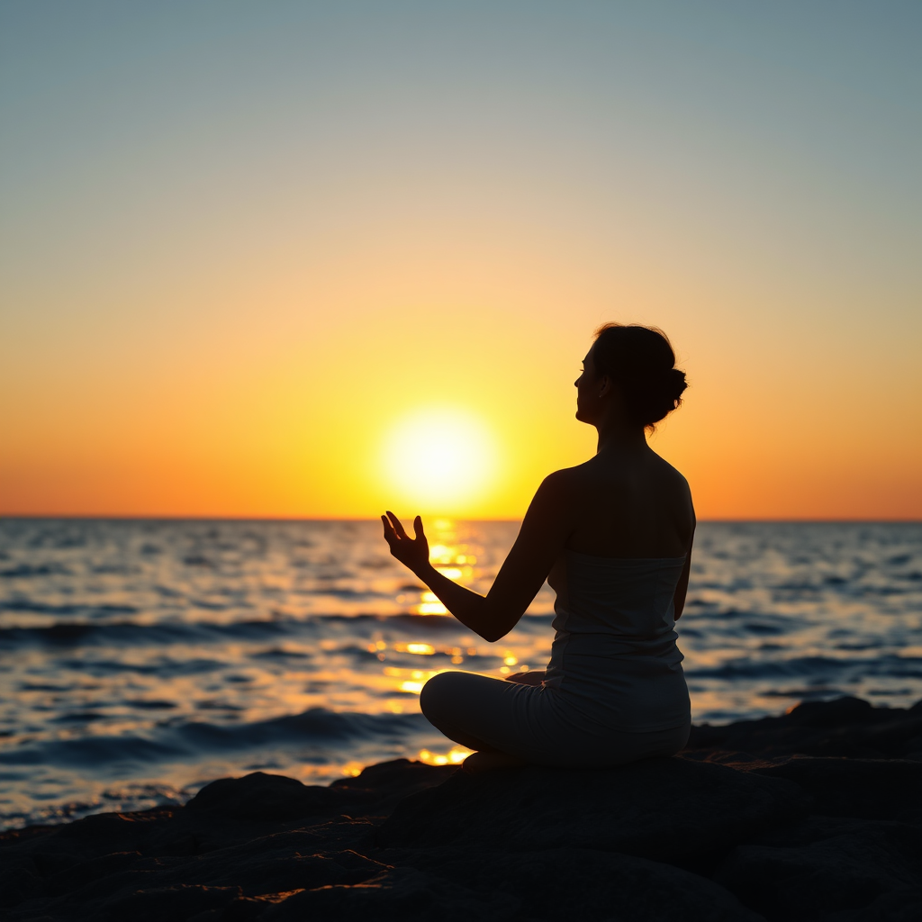 Photorealistic image of a person meditating by the sea at sunrise. The person is calm and centered. The image should evoke feelings of peace and tranquility. Soft, warm lighting.