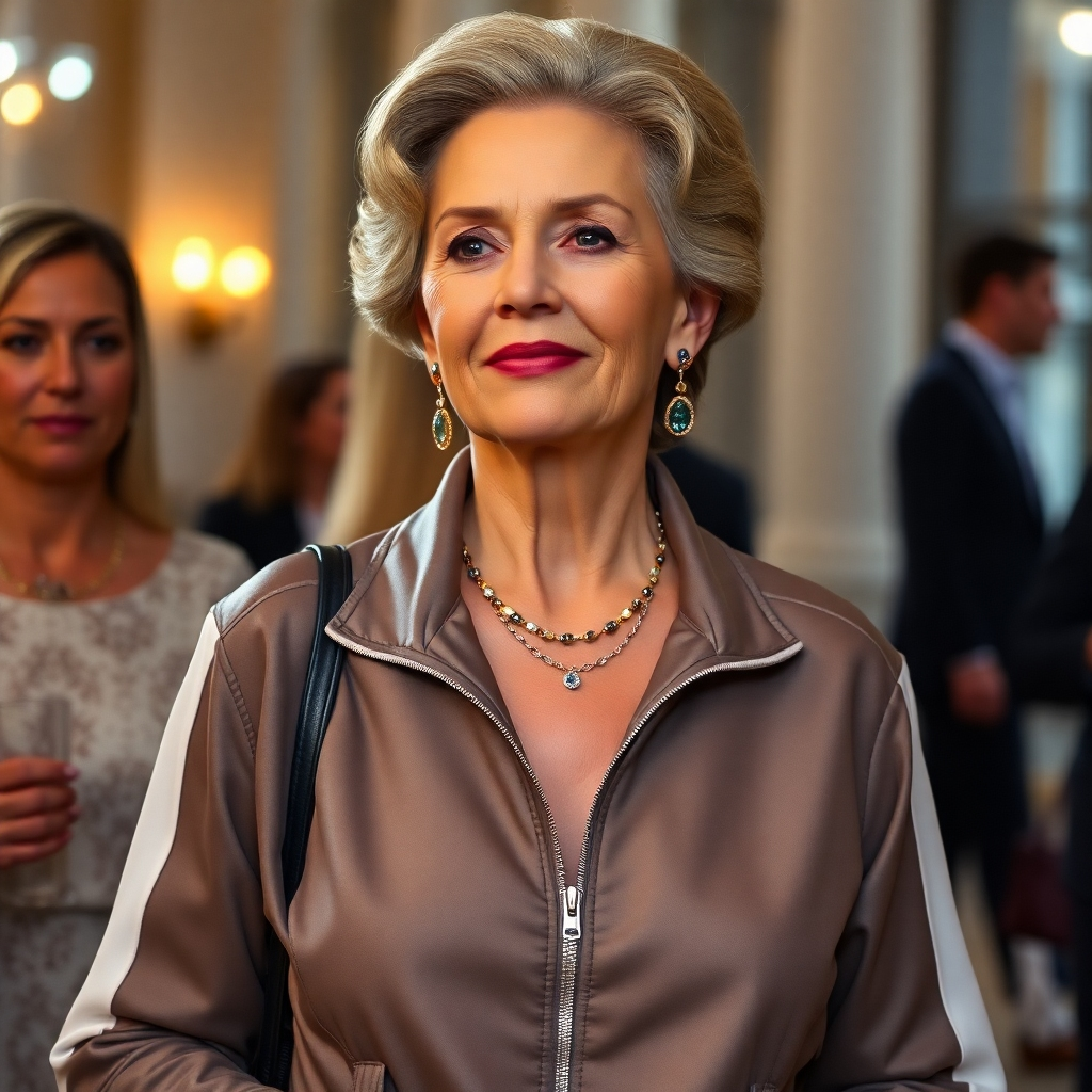 Photorealistic image of a woman in her 60s wearing an elegant tracksuit, attending a sophisticated event. Focus on the balance between comfort and style.