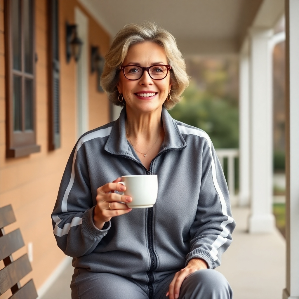 Photorealistic image of a woman in her 50s wearing a stylish tracksuit, smiling and enjoying a cup of coffee on her porch. Natural lighting, warm color palette. Focus on comfort and everyday style.