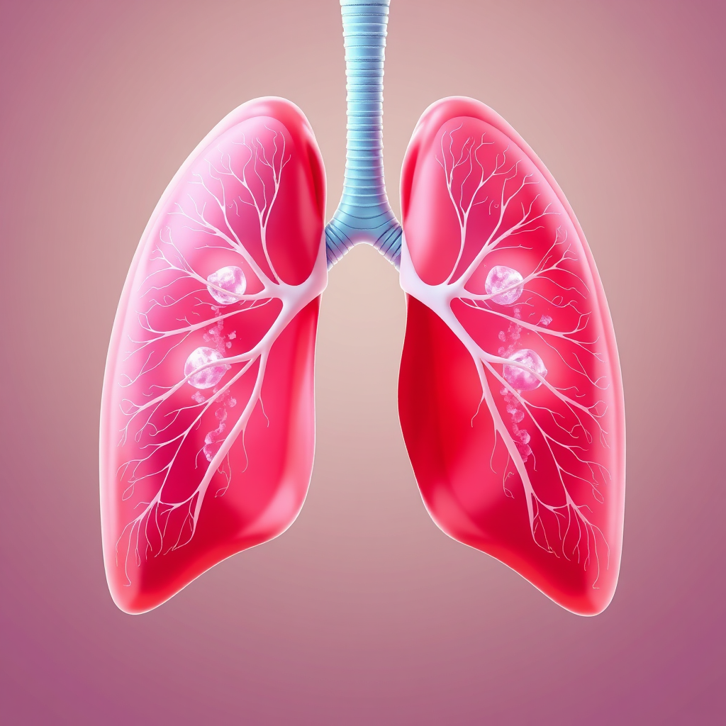 Photorealistic image of healthy lungs with oxygen flowing through them. Use a vibrant color palette to represent health and vitality. Medical illustration style with a clean and modern aesthetic.