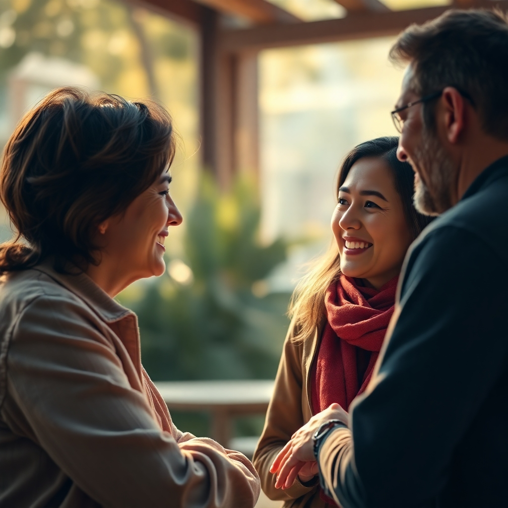 Photorealistic image of people engaged in a positive and meaningful conversation. Soft lighting, warm color palette, natural setting. 4K resolution. Style references: photojournalism