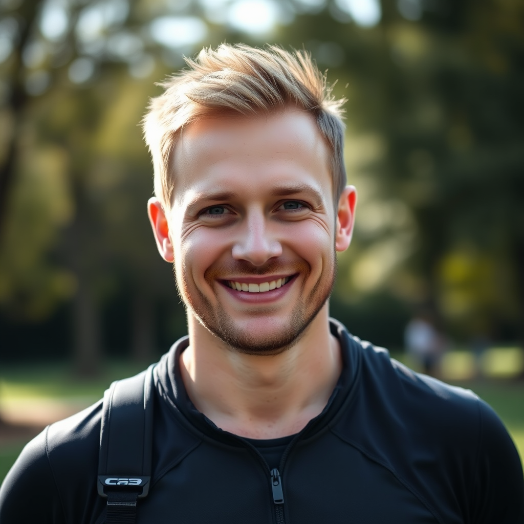 Photorealistic image of Stefan Podedworny, outdoors, in a park setting. He's smiling warmly at the camera, dressed in athletic wear. Soft, natural lighting. Focus on approachability and expertise. Background subtly blurred.
