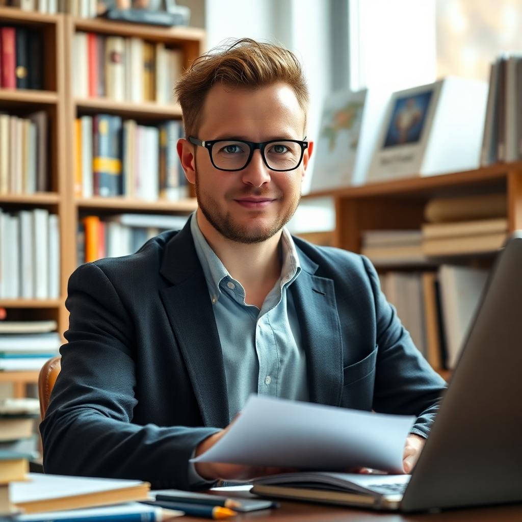 Photorealistic image of Stefan Podedworny working in his office, surrounded by books and research materials. Warm and inviting lighting. 4K resolution. Style references: professional headshot