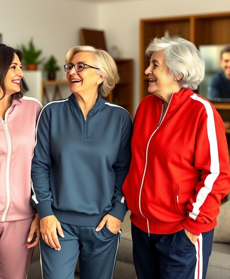 Photorealistic image of three women of different ages (40s, 50s, 60s) laughing together while wearing different tracksuits. Set in a modern living room, casual yet stylish.  Focus on friendship and comfortable style.