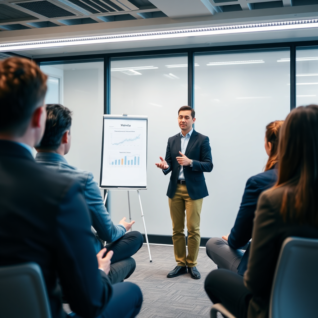 A wide shot depicting a person giving a presentation on stage to a captivated audience. The subject is explaining the positive effects of controlled breathing on decision making. Use warm lighting and professional setting. Style reference: Conference speaker photography.