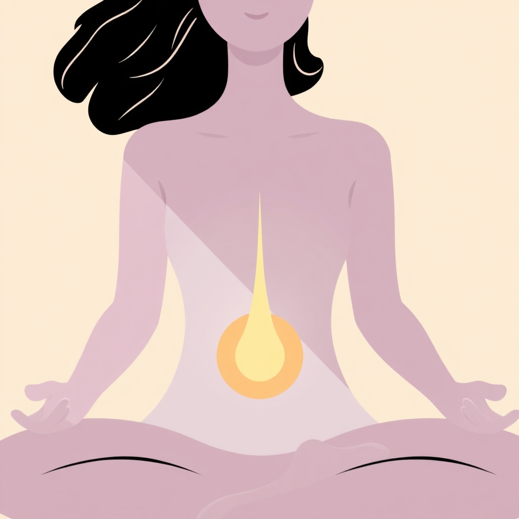 Stylized illustration of a person meditating with light radiating from their chest area, symbolizing inner peace and well-being. Use a soft, pastel color palette. Minimalistic style with clean lines.