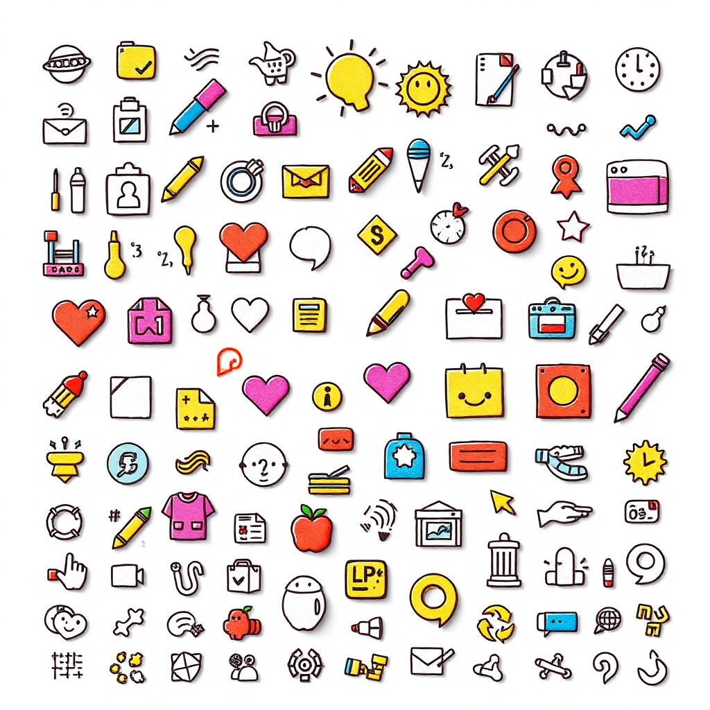 Stylized image, 4K resolution, presenting a collection of various icons and symbols commonly used in sketchnoting. The image should be colorful, organized, and inspiring. Style references: icon design, graphic design.