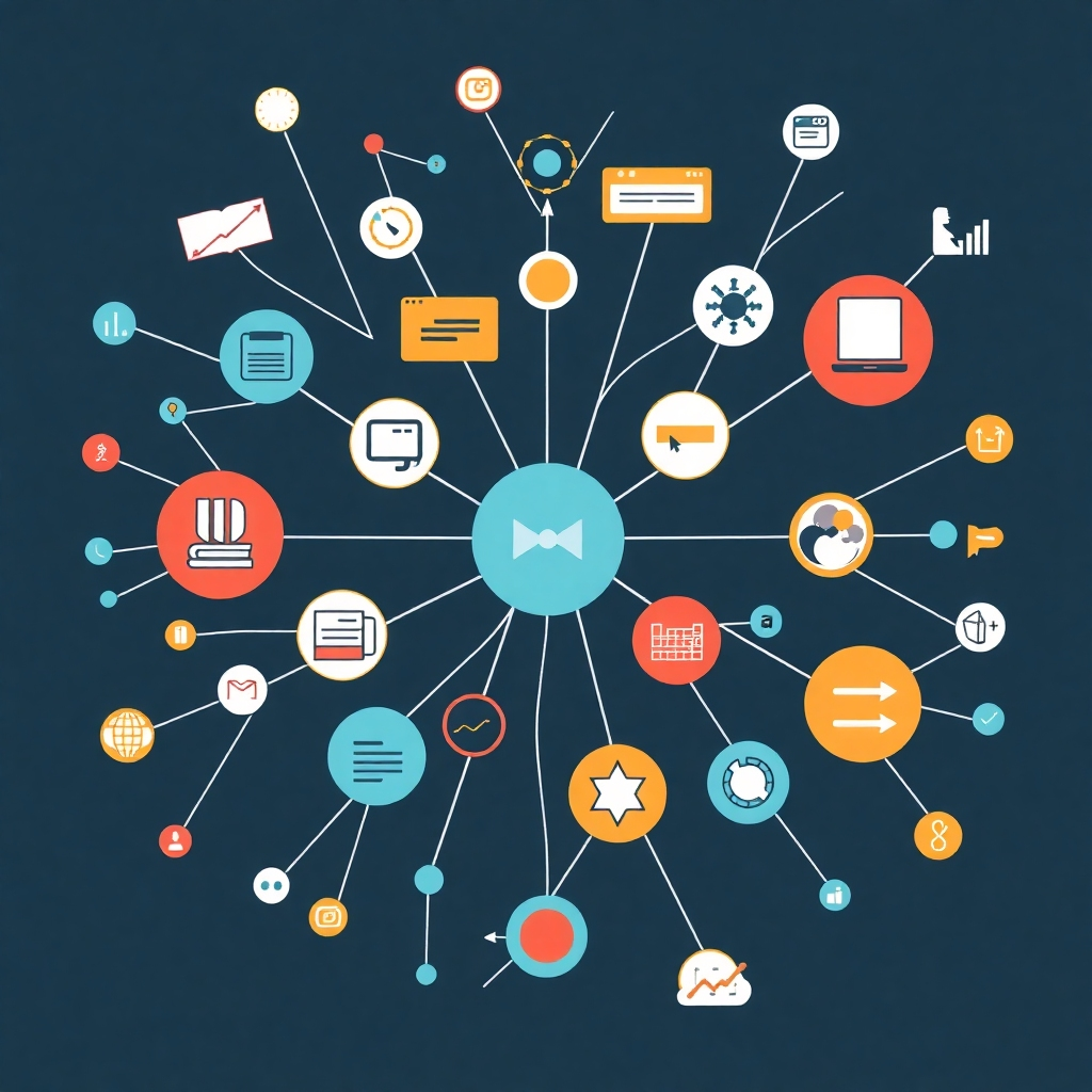 Stylized image, 4K resolution, depicting interconnected nodes and visual elements forming a complex, yet organized network. The image should convey the idea of connecting ideas and improving memory through the use of visual associations. Style references:  Mind mapping illustrations, network diagrams.