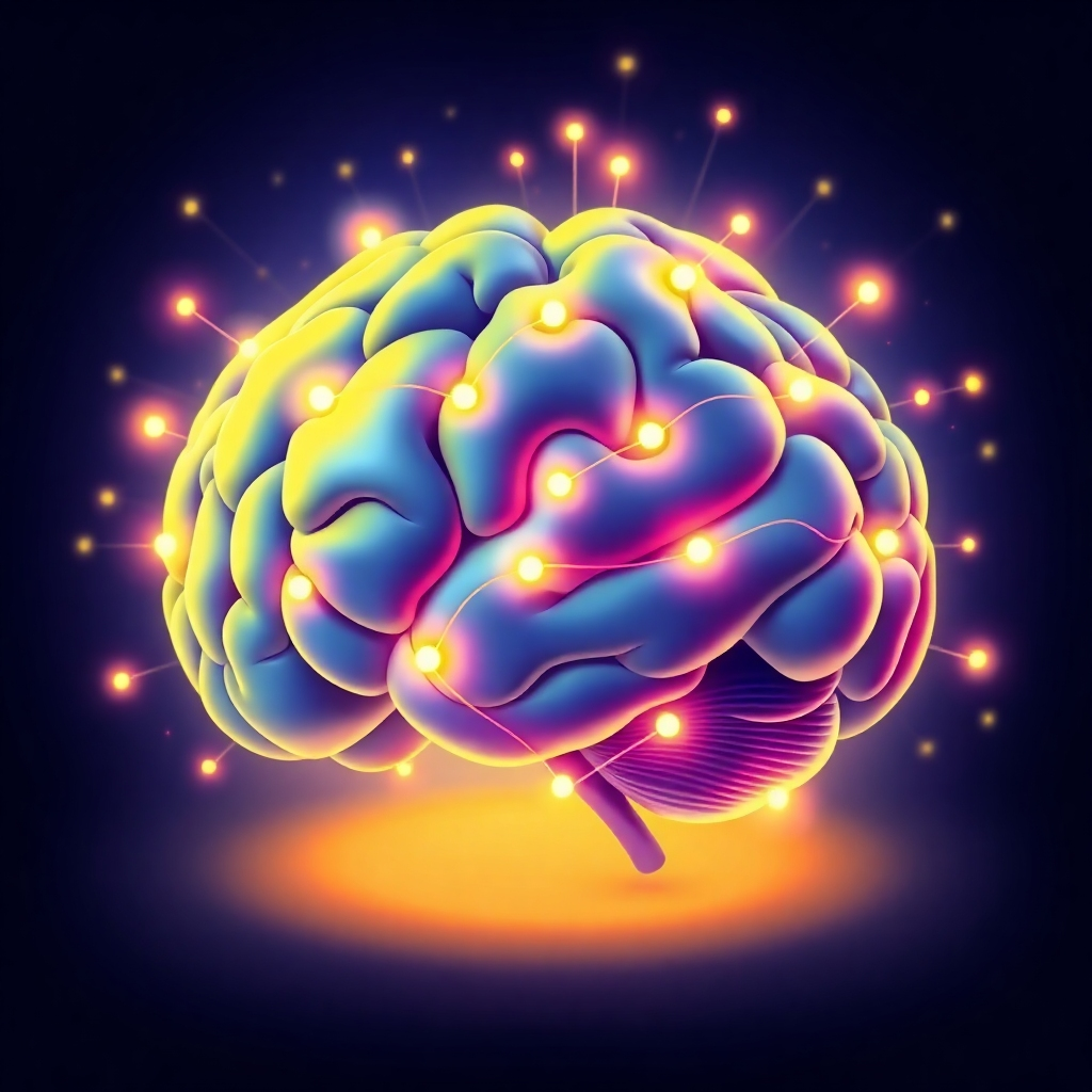 Stylized image of a brain with pathways lighting up as positive habits are formed. Bright, vibrant colors, dynamic composition. High-quality 4K resolution. Style references: modern, futuristic, sleek