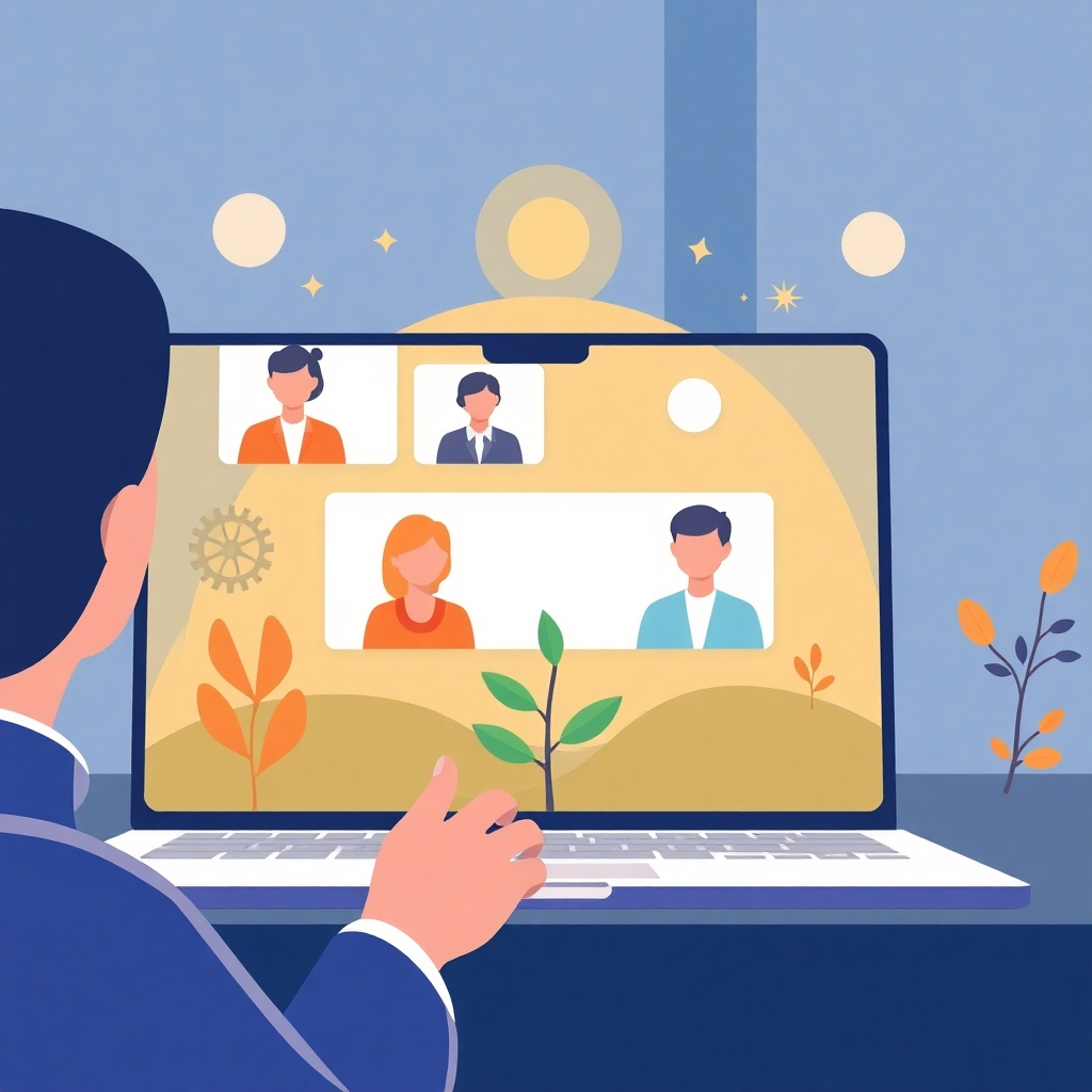 Stylized image representing a seamless blend of digital and human interaction; a warm, friendly virtual meeting interface merged subtly with imagery suggesting personal growth. High-quality 4K resolution. Style references: modern graphic design, business tech