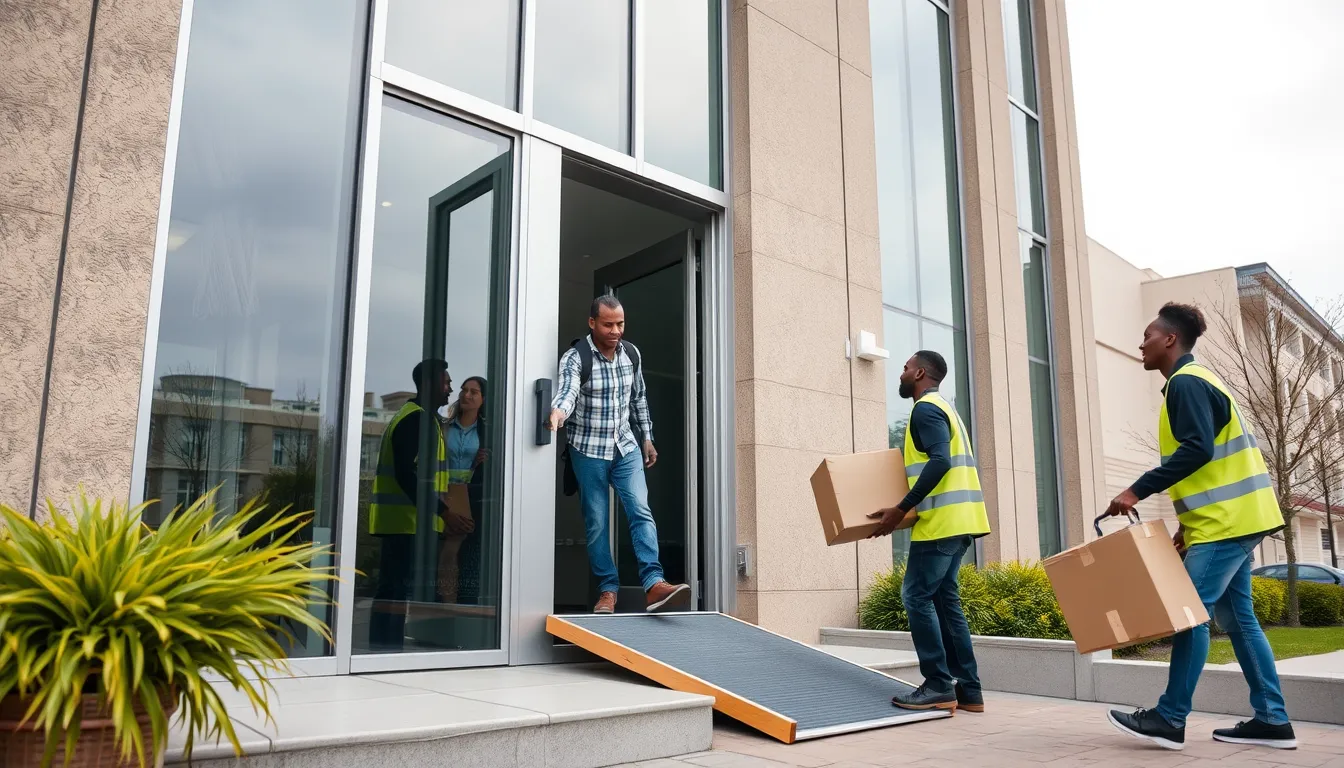 A high-angle shot of a modern office space during a relocation. The image showcases a team of movers efficiently moving office furniture and equipment, utilizing dollies and protective packing materials. The office is brightly lit with large windows showcasing a bustling cityscape outside. The movers are wearing branded uniforms and working together in a coordinated and professional manner. The image should have a sleek, contemporary style with a cool color palette and clean lines. Render at 8K resolution with a focus on capturing the movement and efficiency of the relocation process.