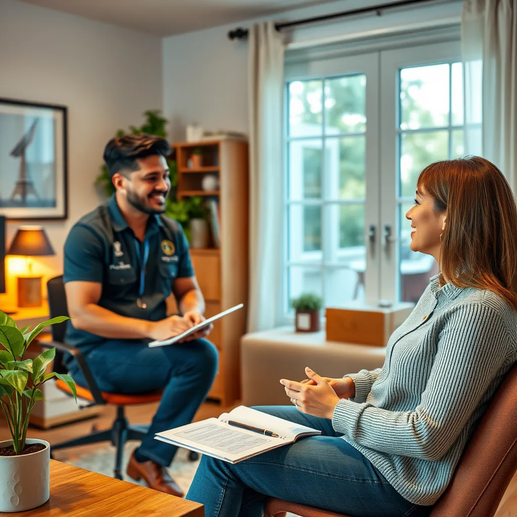 A friendly moving consultant meeting with a client in a home office, discussing their relocation needs and providing customized solutions. The scene should be warm and inviting, showcasing a comfortable and professional environment.
