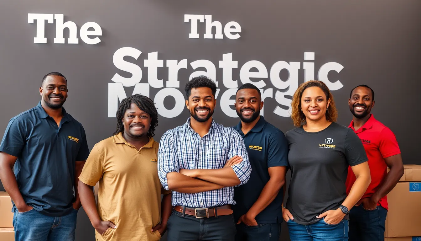 A photorealistic image of a moving truck with the Strategic Movers logo prominently displayed. The truck is surrounded by a diverse team of movers who are all smiling and looking confident. The scene should be bright and energetic, conveying a sense of professionalism and commitment to excellence.