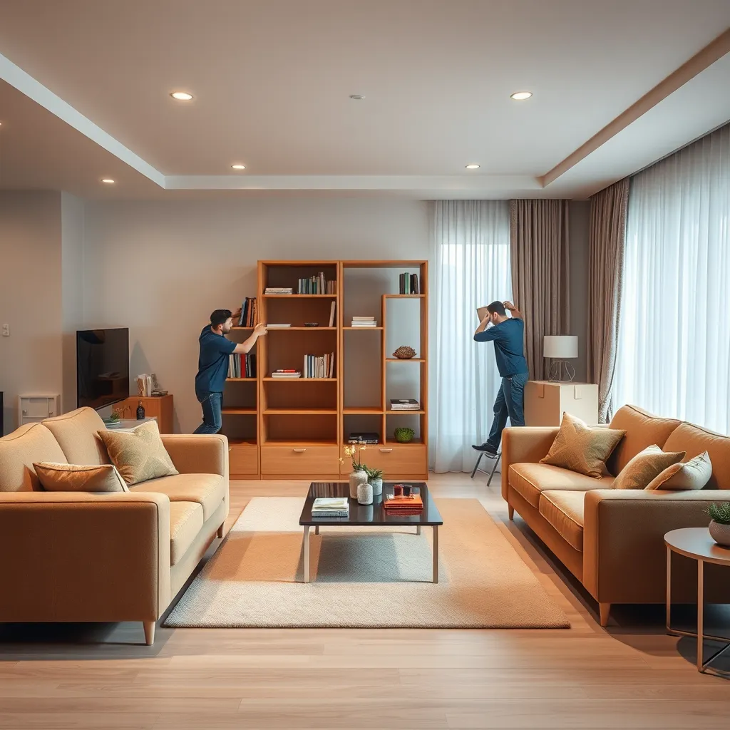 A photorealistic image of a living room with furniture neatly arranged and a team of movers carefully assembling a bookshelf. The scene should be clean and organized, with a sense of calm and efficiency, suggesting a stress-free moving experience.