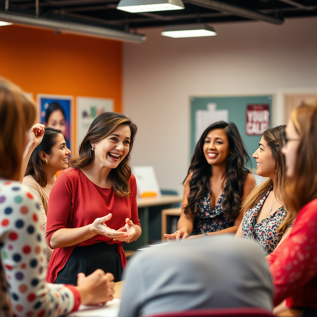 A dynamic classroom scenario where a passionate female instructor is engaging a group of women in a workshop setting. The image should focus on interaction and enthusiasm, capturing the women's attentive expressions as they learn. The color scheme includes warm tones and bright accents. Lighting should be bright and inviting, conveying a sense of motivation. The image, in high quality, allows for clarity in individual details, enhancing the educational theme.