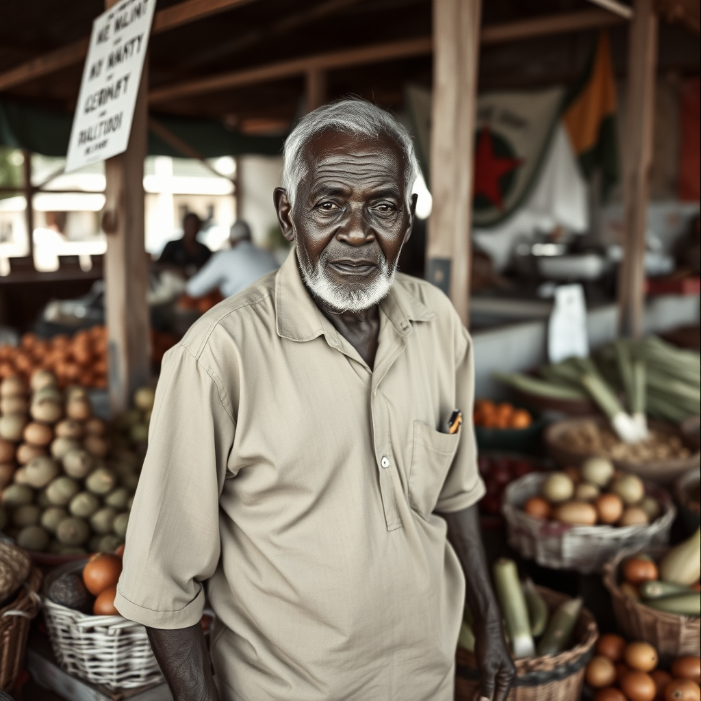 Heritage market portrait emphasizing dignity and service