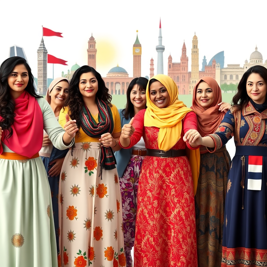 A striking image showing women from various regions of the world holding hands together, symbolizing unity and strength. The backdrop features iconic landmarks from different countries, creating a diverse global atmosphere. The use of bright, contrasting colors in the women's traditional attire adds vibrancy. The lighting should evoke a sense of hope and positivity. This photorealistic image should be well-composed, showcasing the essence of solidarity among women.