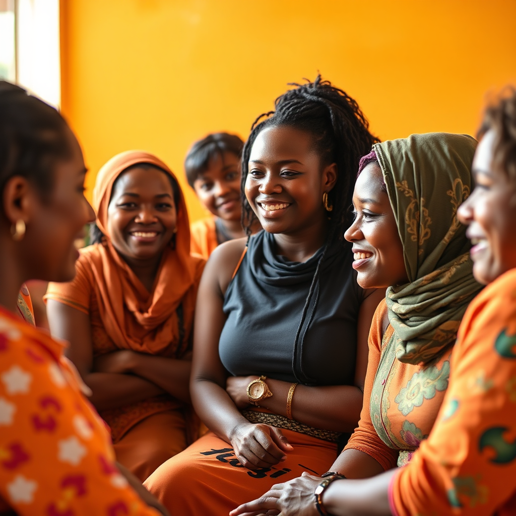 A vibrant scene of women participating in a resilience training session. The setting should show them engaging in discussions, showing expressions of determination and strength. A warm color palette of oranges and yellows enhances the atmosphere of positivity and encouragement. The image should feature a balance of close-ups and wider shots to capture both individual emotions and group dynamics. It should exemplify the supportive environment WOW WOW Foundation fosters.