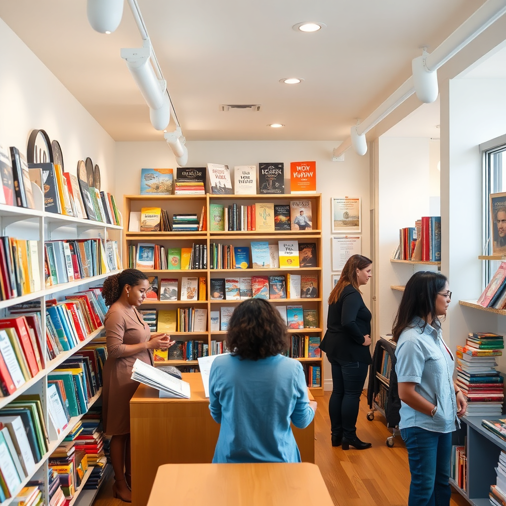 A well-organized resource center displaying various educational materials and support resources. The image should be bright and airy, featuring shelves stocked with books and digital resources. Women are seen browsing and engaging with staff, reflecting a sense of support and community. The warm color palette and detailed textures of the materials create an inviting atmosphere. This high-quality image should reflect the comprehensive support WOW WOW provides.