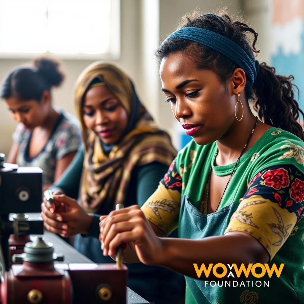 An empowering scene depicting women actively engaged in vocational training sessions. The image should feature diverse women using tools or equipment, conveying focus and determination. Bright, clear lighting and vibrant colors should enhance their expressions. This dynamic setup will reflect the essence of training provided by WOW WOW Foundation.