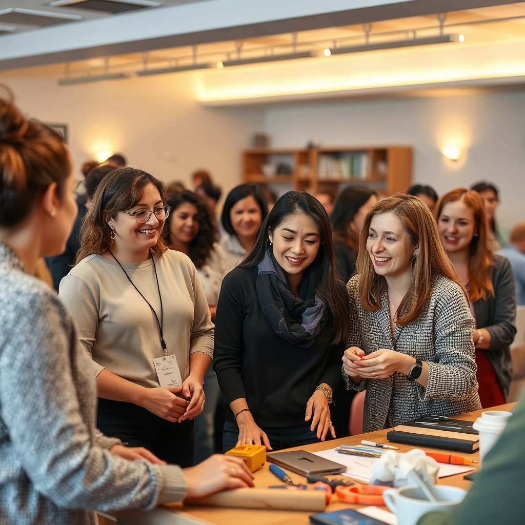 An engaged group of women participating in an educational workshop. The atmosphere should be lively, filled with interaction. Soft ambient lighting and a warm color palette emanate inclusiveness and positivity. Relevant tools and materials should be visible, emphasizing hands-on learning, all captured in a high-quality format.