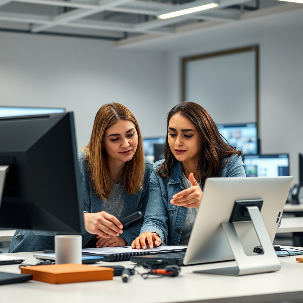 An image depicting a mentor guiding a young woman through a tech workshop. They are surrounded by modern tech tools and screens displaying educational content. Lighting should be bright and crisp to reflect a sophisticated environment. The colors should include modern shades like greys and blues, infused with elements of warmth. This high-quality image should capture the essence of mentorship and skill development.