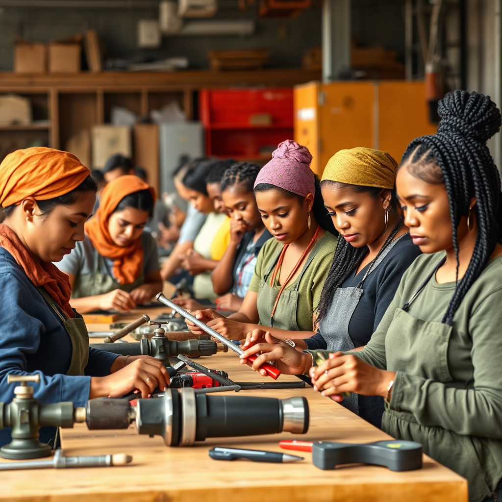 An image showing a diverse group of women engaged in vocational training, using tools and equipment related to their fields. The scene should be busy yet harmonious, ideally lit with natural light to showcase their engagement. A palette of industrial colors intermixed with personal touches (e.g., colorful tools) highlights both practical skills and personal expression. This high-quality representation will showcase WOW WOW Foundation’s focus on real-world skills.