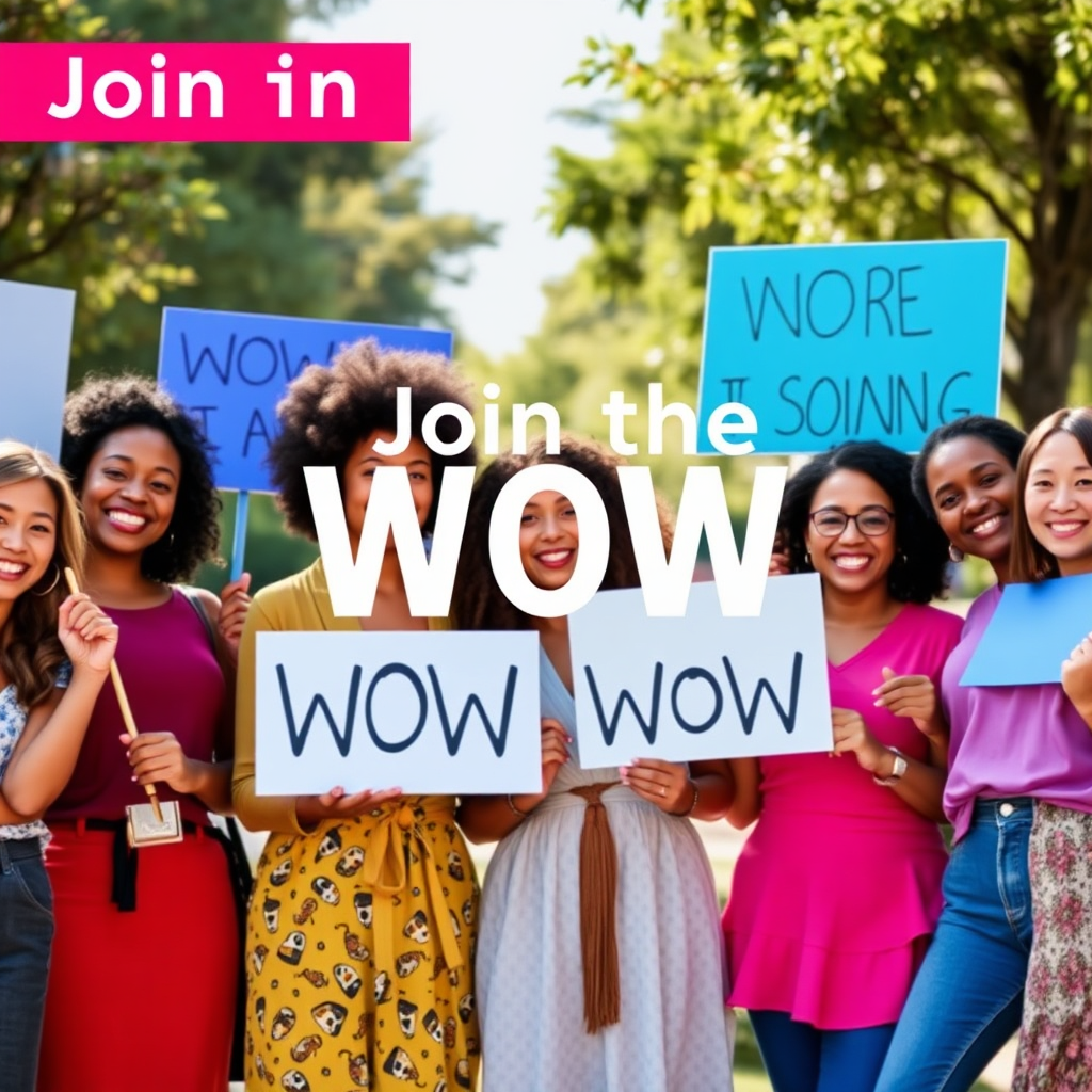 An inspiring image showcasing a diverse group of women standing together, holding signs of support and empowerment. The background should show a beautiful outdoor setting, with natural light enhancing their bright smiles. The color palette is colorful and uplifting, portraying diversity and unity. The image should be expressive and energetic, communicating the message of joining the WOW WOW movement, rendered in high quality.