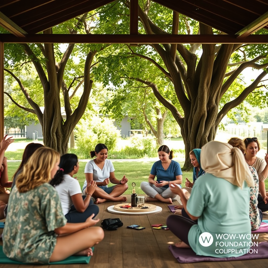 An inviting and serene community gathering scene where women are participating in group activities such as yoga, discussion circles, or crafts. The composition should emphasize connection and support, with calming colors like greens and soft blues. Natural lighting filters through trees in an outdoor environment, creating a welcoming atmosphere. The image should instill peace and community spirit, helping to convey WOW WOW Foundation’s mission visually.