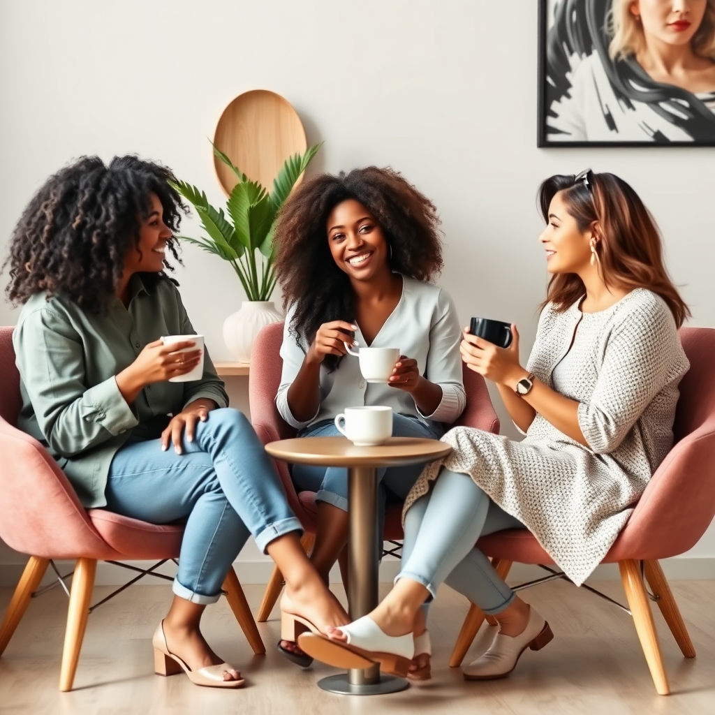 A serene image of women engaging in a support group session, sharing and listening to each other. Soft, calming colors and cozy lighting create a soothing environment. The focus should be on expressions of understanding and solidarity, encapsulating the nurturing aspect of support, depicted in high-resolution quality.