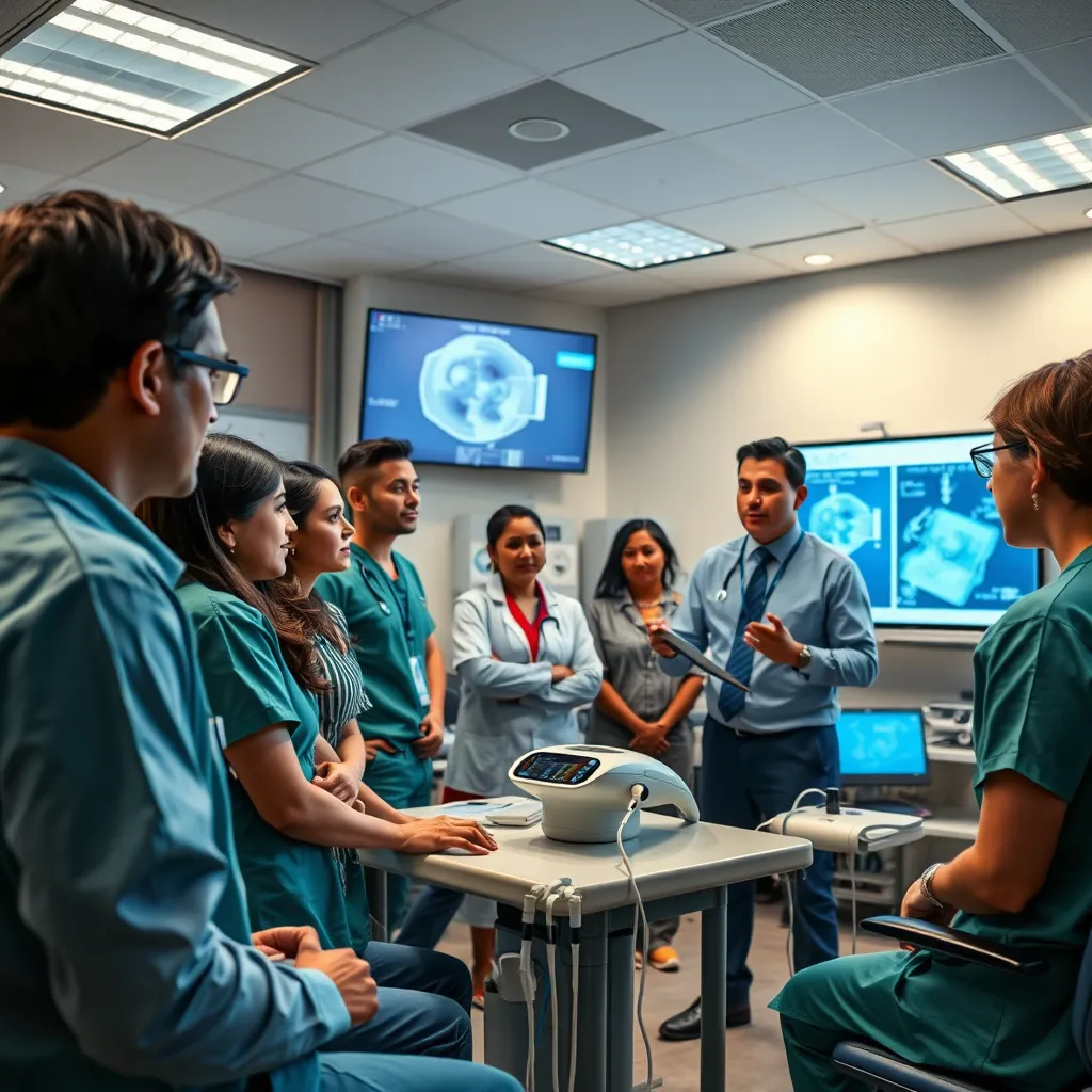 A brightly lit classroom setting with a diverse group of healthcare professionals intently listening to a knowledgeable instructor demonstrating the use of a modern medical device. The instructor, dressed in a professional attire, is engaging and enthusiastic, explaining the features and functionalities of the device.  The classroom is equipped with interactive screens and various medical equipment, creating a dynamic and educational atmosphere. The image should capture the collaborative and interactive nature of Importadora Barmed's training programs, emphasizing the focus on empowering healthcare professionals with the knowledge and skills to effectively utilize medical devices. Rendered in 8K resolution with a cinematic style, emphasizing the dynamic interactions and the engaging nature of the training session. The image should convey a sense of knowledge sharing and professional development, representing Importadora Barmed's commitment to supporting healthcare professionals in their pursuit of excellence.